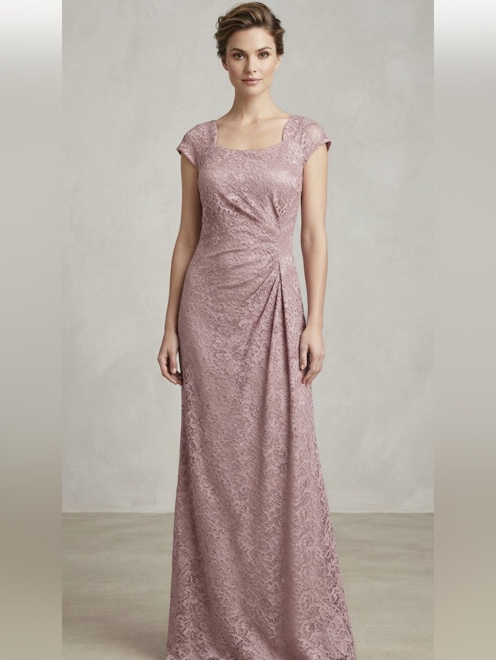 Women's Lace Embellished Cap-Sleeve Evening Formal Dress in Dusty Rose Size 14
